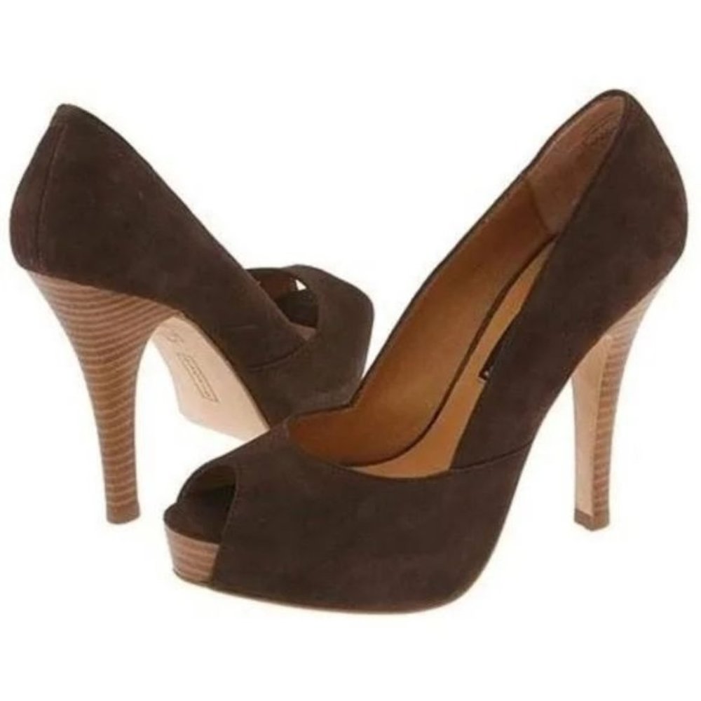 Steven by Steve Madden Women's NV Peep Toe Heels Suede/Leather Brown Size 8.5